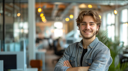 Fototapeta premium young handsome man with blue eyes on the background of a modern IT office, worker, programmer, professional, designer, guy, boy, portrait, smile, space for text, coworking, open space, people, person