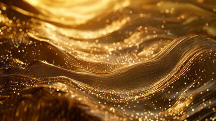 Luxury Golden Close-Up Background, Glittering Surface with Undulating Waves, Bathed in a Soft Glow...