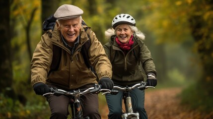 Fototapeta premium Happy couple riding bicycles in nature