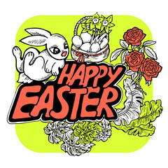 Easter bunny with basket, eggs, flowers and butterfly. Decorative design composition for poster print, greeting card, kids party invitation. Hand drawn illustration. Vintage cartoon style drawing.