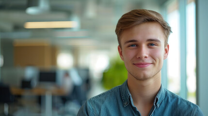Obraz premium young handsome man with blue eyes on the background of a modern IT office, worker, programmer, professional, designer, guy, boy, portrait, smile, space for text, coworking, open space, people, person