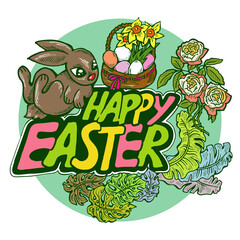 Easter bunny with basket, eggs, flowers and butterfly. Decorative design composition for poster print, greeting card, kids party invitation. Hand drawn illustration. Vintage cartoon style drawing.