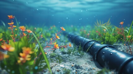 Submarine internet communication cable on the seabed in the ocean (3d illustration) - obrazy, fototapety, plakaty