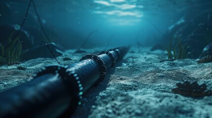 Submarine underwater communication fibre optic cable on deep sea bed. 3D rendering - obrazy, fototapety, plakaty