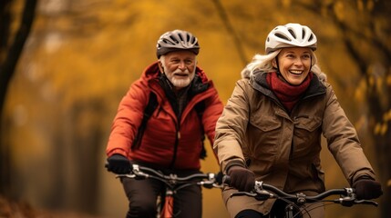 Obraz premium Happy couple riding bicycles in nature