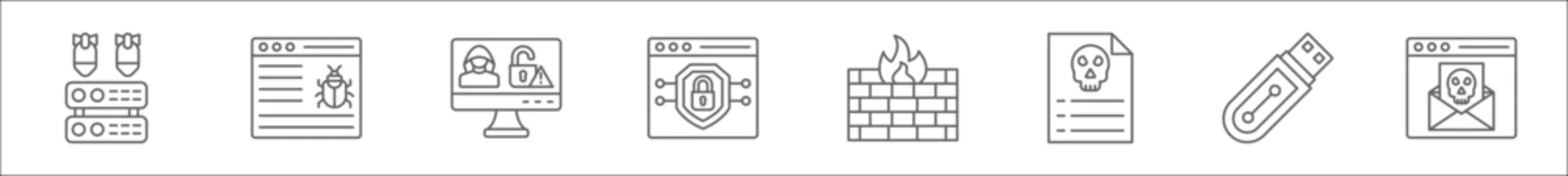 Poster outline set of cyber crime line icons. linear vector icons such as ddos, malware, cyber attack, vpn, firewall, file, pendrive, spam © Download for free