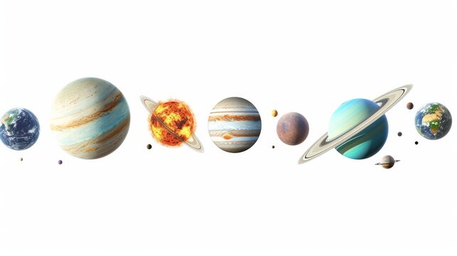 The solar system consists of the Sun, Mercury, Venus, Earth, Mars, Jupiter, Saturn, Uranut, Neptune, Pluto. isolated with clipping path on white background