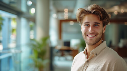 Obraz premium young handsome man with blue eyes on the background of a modern IT office, worker, programmer, professional, designer, guy, boy, portrait, smile, space for text, coworking, open space, people, person