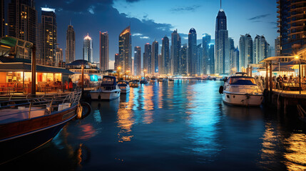 Dubai's Stunning Skyline Illuminated Against Evening Traffic: Experience the Vibrancy of City Life 