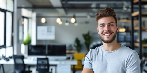 Obraz premium young handsome man with blue eyes on the background of a modern IT office, worker, programmer, professional, designer, guy, boy, portrait, smile, space for text, coworking, open space, people, person