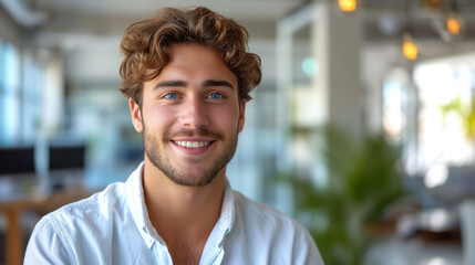 Fototapeta premium young handsome man with blue eyes on the background of a modern IT office, worker, programmer, professional, designer, guy, boy, portrait, smile, space for text, coworking, open space, people, person