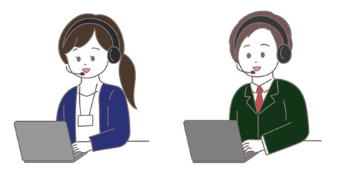 テレオペレーターの男女がインカムで話しているイラスト