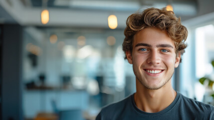 Fototapeta premium young handsome man with blue eyes on the background of a modern IT office, worker, programmer, professional, designer, guy, boy, portrait, smile, space for text, coworking, open space, people, person