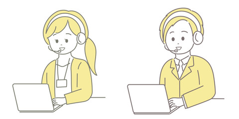 テレオペレーターの男女がインカムで話しているイラスト