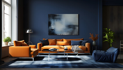 dark blue living room in 20th century scandinavian style