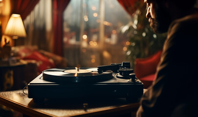 Young man looking at LP records player with old vintage retro vinyl disc  with dancing disco party...