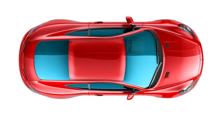 Modern red car sedan above top drone view isolated on white transparent background, png
