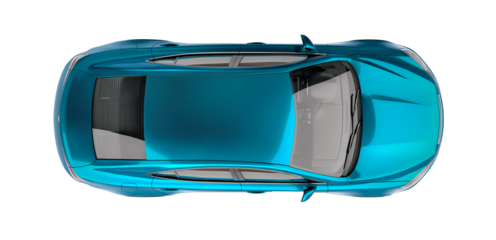 Modern blue car sedan above top drone view isolated on white transparent background, png