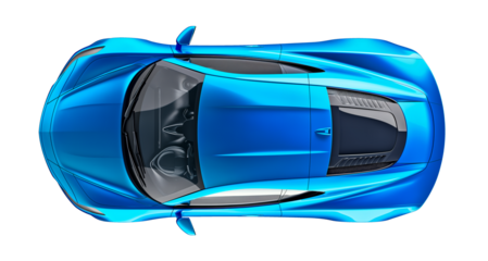 Modern blue car sedan above top drone view isolated on white transparent background, png