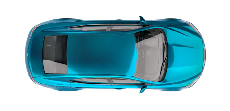 Modern blue car sedan above top drone view isolated on white transparent background, png

