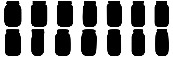 Jar bottle silhouettes set, large pack of vector silhouette design, isolated white background.