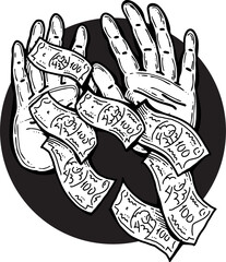 Big dollars banknotes money in your hands. Finance business, commerce, payment economy  theme for poster print, vector elements. Take or give loan. Hand drawn illustration. Cartoon style drawing.