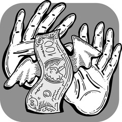 Fototapeta premium Big dollars banknotes money in your hands. Finance business, commerce, payment economy theme for poster print, vector elements. Take or give loan. Hand drawn illustration. Cartoon style drawing.