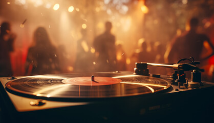 LP records player with old vintage retro vinyl disc close up image with dancing disco party...