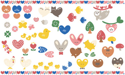 ハートをモチーフにした動物と植物の北欧風なイラストセット（カラー） © ゆきんこ