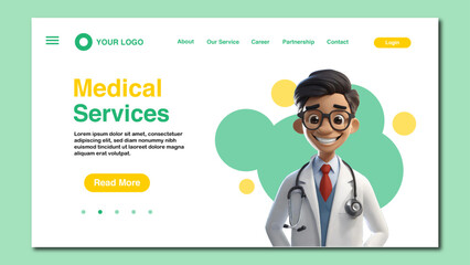 Medical services solution landing page template with 3d doctor character. Online health care doctor, health web page, landing page vector
