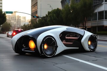 futuristic car with autonomous driving features, This futuristic car combines a sleek design with autonomous technology, offering a glimpse into the next-generation of eco-friendly car design..