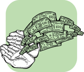 Big dollars banknotes money in your hands. Finance business, commerce, payment economy  theme for poster print, vector elements. Take or give loan. Hand drawn illustration. Cartoon style drawing.