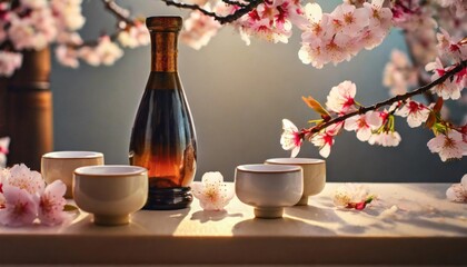 sake bottle on a minimalist Japanese table, surrounded by sakura blossom