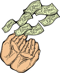 Big dollars banknotes money in your hands. Finance business, commerce, payment economy  theme for poster print, vector elements. Take or give loan. Hand drawn illustration. Cartoon style drawing.