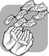 Big dollars banknotes money in your hands. Finance business, commerce, payment economy  theme for poster print, vector elements. Take or give loan. Hand drawn illustration. Cartoon style drawing.