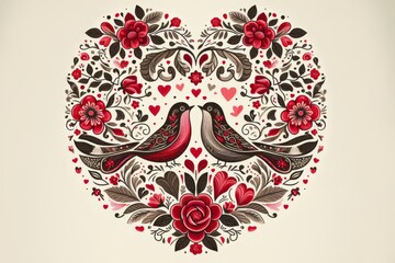 Zwei Vögel in einem Herz aus floralen Elementen, generative KI 