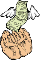 Big dollars banknotes money in your hands. Finance business, commerce, payment economy  theme for poster print, vector elements. Take or give loan. Hand drawn illustration. Cartoon style drawing.