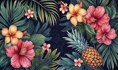 Vintage Hawaiian Tropical Leaves Flatlay: Embrace Island Vibes with Exotic Flora Sketche