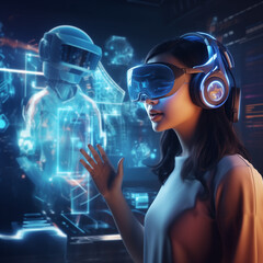 Naklejka premium Digital Woman Embracing Future: Technology, Business, and Connectivity in a Global Network