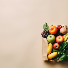 Basket filled with fresh and healthy fruits and vegetables, including tomatoes, peppers, cabbage, salad, cucumbers, onions, and lettuce, in a white and green grocery shopping bag