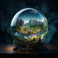 Skyward Glass Globe Reflecting Earth's Beauty in a Darkened Atmosphere with Crystal Clarity, Illustrating the Global Sphere Amidst Nature's Elements