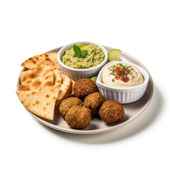 Egyptian Traditional Break fast Fava beans dip And Falafel served on a plate on white background