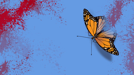 Butterfly on light blue with sacrificial blood splatter graphic background