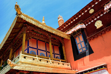 Golden dragons adorn Jokhang Temple in Lhasa.