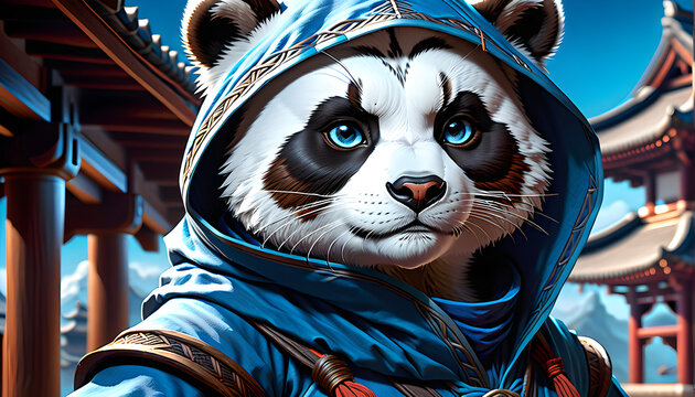 Prosperous Pandaren Ninja: Harmonizing Vibrant Attire and Mysterious Armament.(Generative AI)
