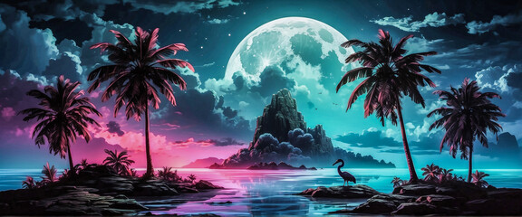 Fototapeta na wymiar Neon Glow Night Landscape of abstract tropical islands with trees and animals, full moon with clouds, hilss and mountains. Ocean.