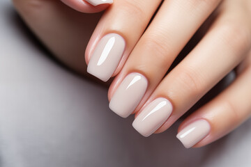 Closeup to woman hands with elegant neutral colors manicure. Beautiful nude manicure on long nails. Nude shade nail manicure with gel polish at luxury beauty salon - obrazy, fototapety, plakaty