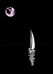 the yacht is floating on the water and the moon is shining