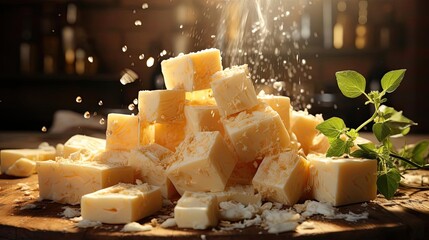Delicious white tofu on a plate with blur background - obrazy, fototapety, plakaty
