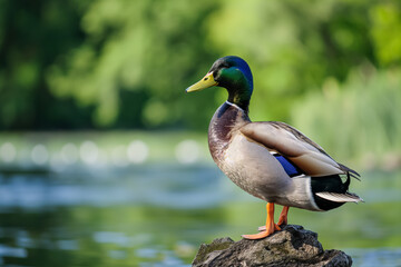 A majestic mallard duck stands on a rock, its brilliant green head shining in the sun against a soft, natural backdrop.